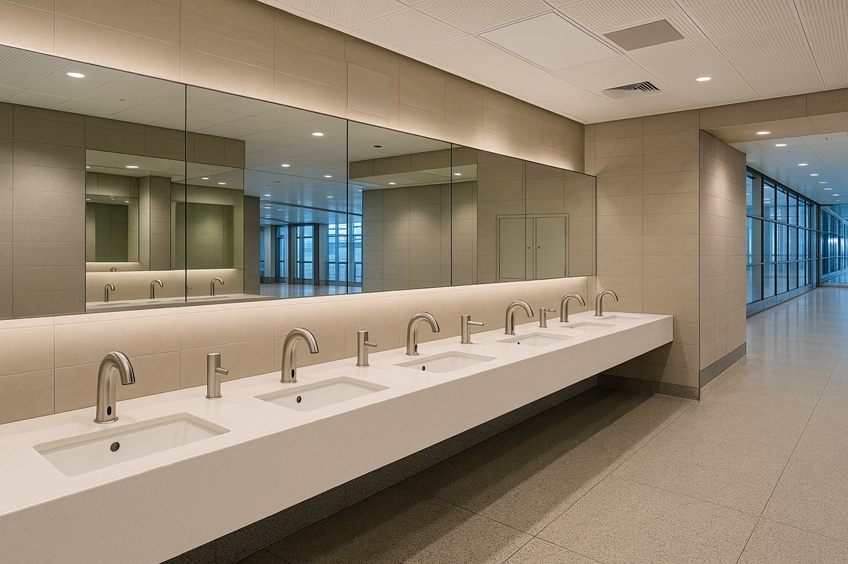 Commercial restroom with coordinated bathroom fixtures and touchless technology